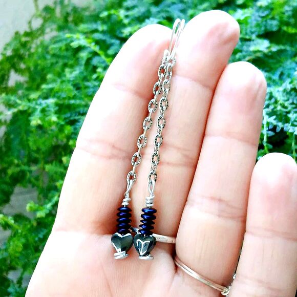 Hematite Crystal Heart Beaded Dangle Earrings, Long Earrings, 3" - Picture 4 of 4